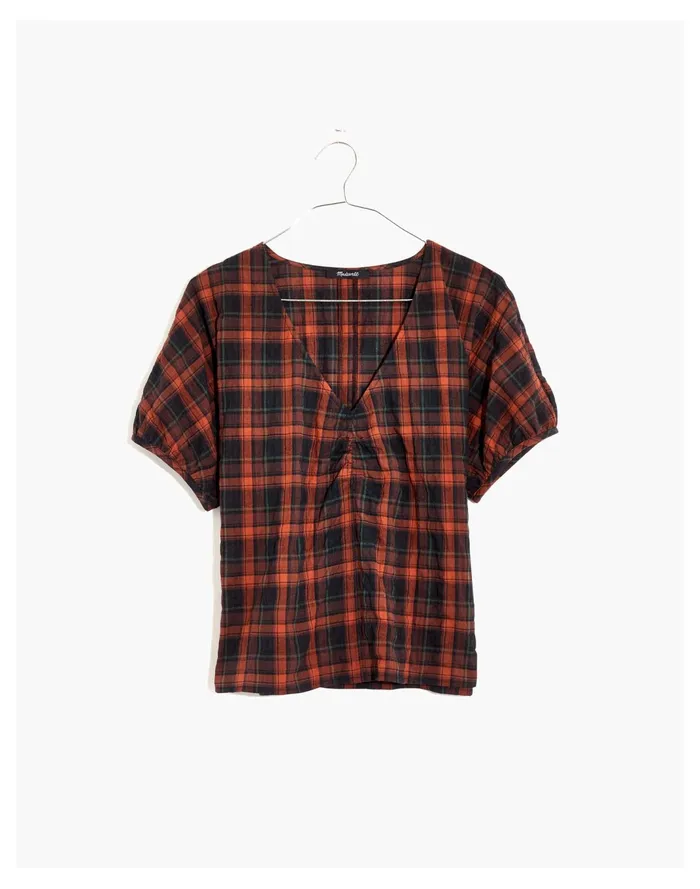 Women Gathered V Neck Top In Plaid Fuller Plaid Warm Umber Madewell Tops and Shirts Women Gathered V Neck Top In Plaid Fuller Plaid Warm Umber Madewell Tops and Shirts