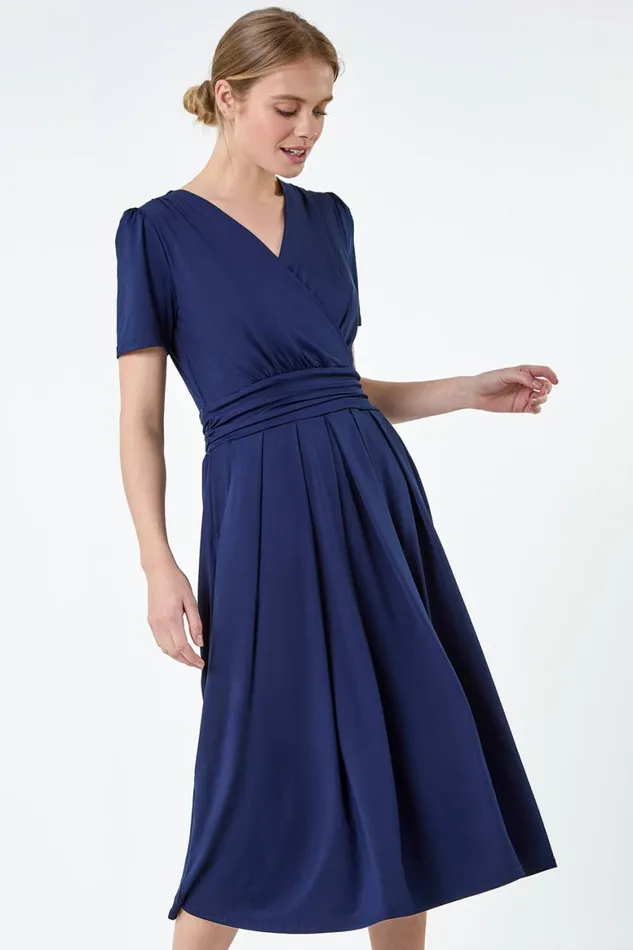 Women Gathered Wrap Stretch Midi Dress Roman Dresses