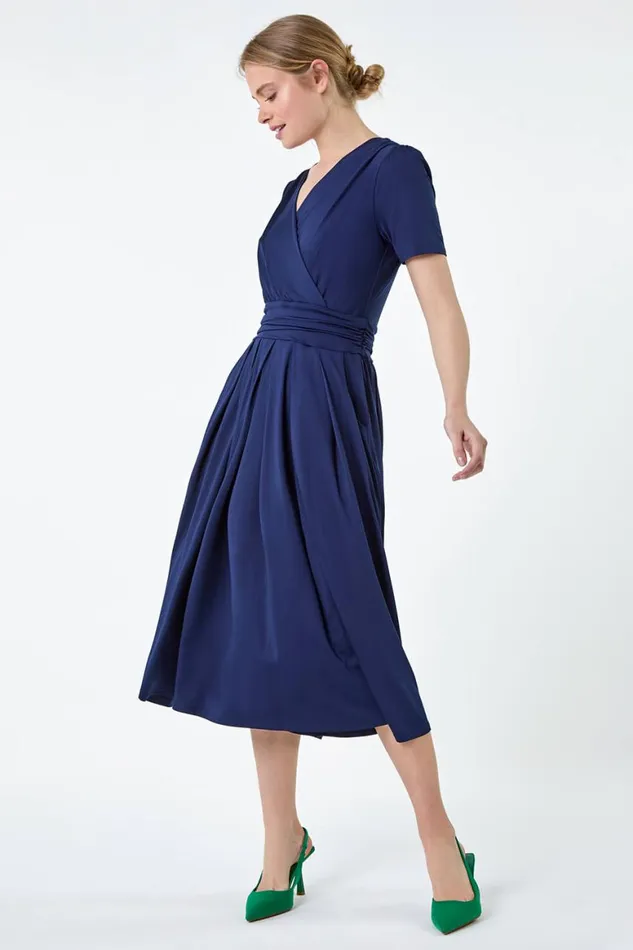 Women Gathered Wrap Stretch Midi Dress Roman Dresses