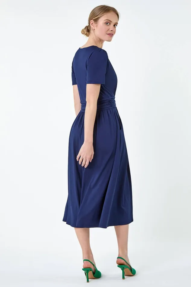 Women Gathered Wrap Stretch Midi Dress Roman Dresses