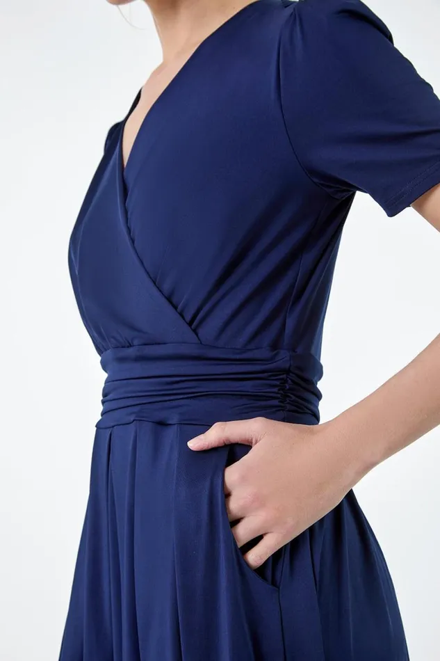 Women Gathered Wrap Stretch Midi Dress Roman Dresses