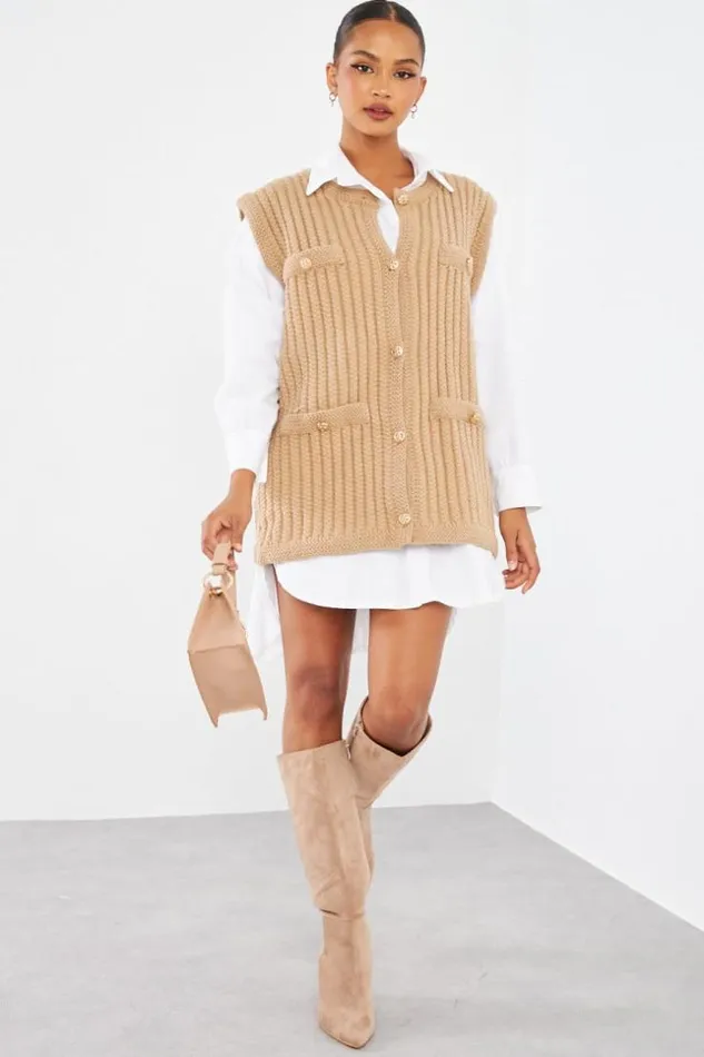 Women Gilet Camel Sans Manches En Maille Camel Brentiny Paris Cardigans