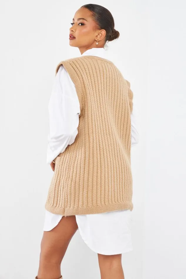 Women Gilet Camel Sans Manches En Maille Camel Brentiny Paris Cardigans