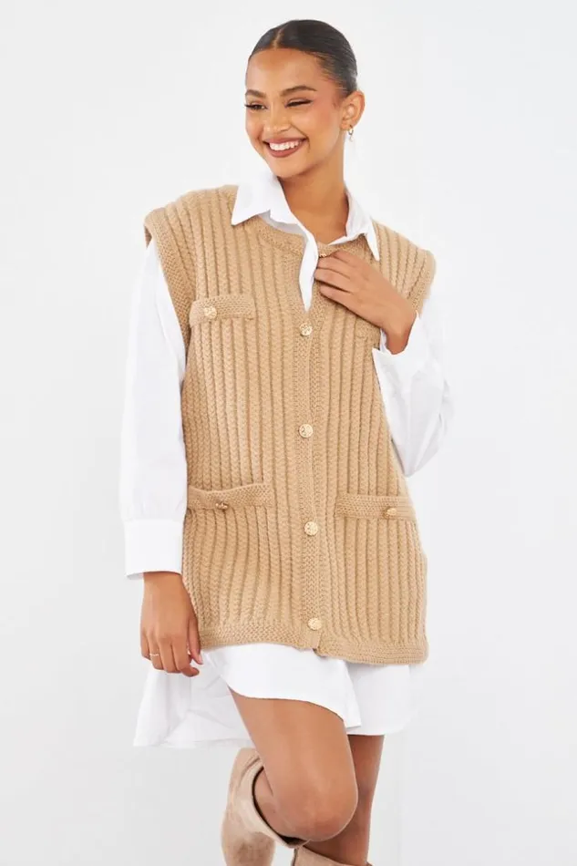 Women Gilet Camel Sans Manches En Maille Camel Brentiny Paris Cardigans