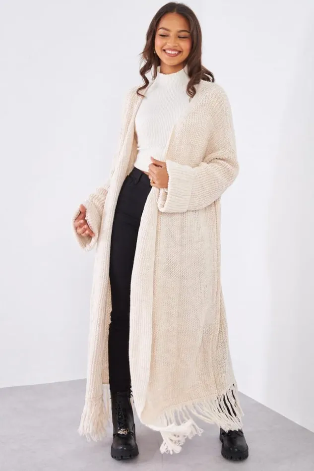 Women Gilet En Maille Beige Franges Ceintur Beige Brentiny Paris Cardigans