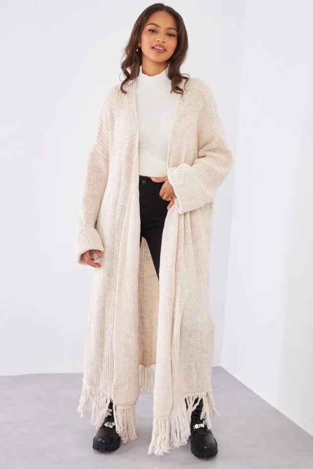 Women Gilet En Maille Beige Franges Ceintur Beige Brentiny Paris Cardigans