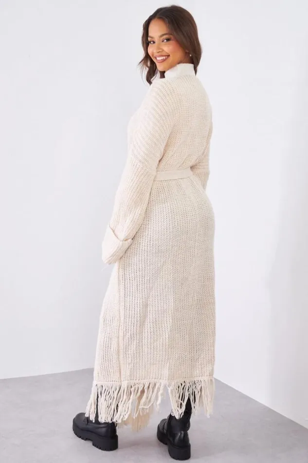 Women Gilet En Maille Beige Franges Ceintur Beige Brentiny Paris Cardigans