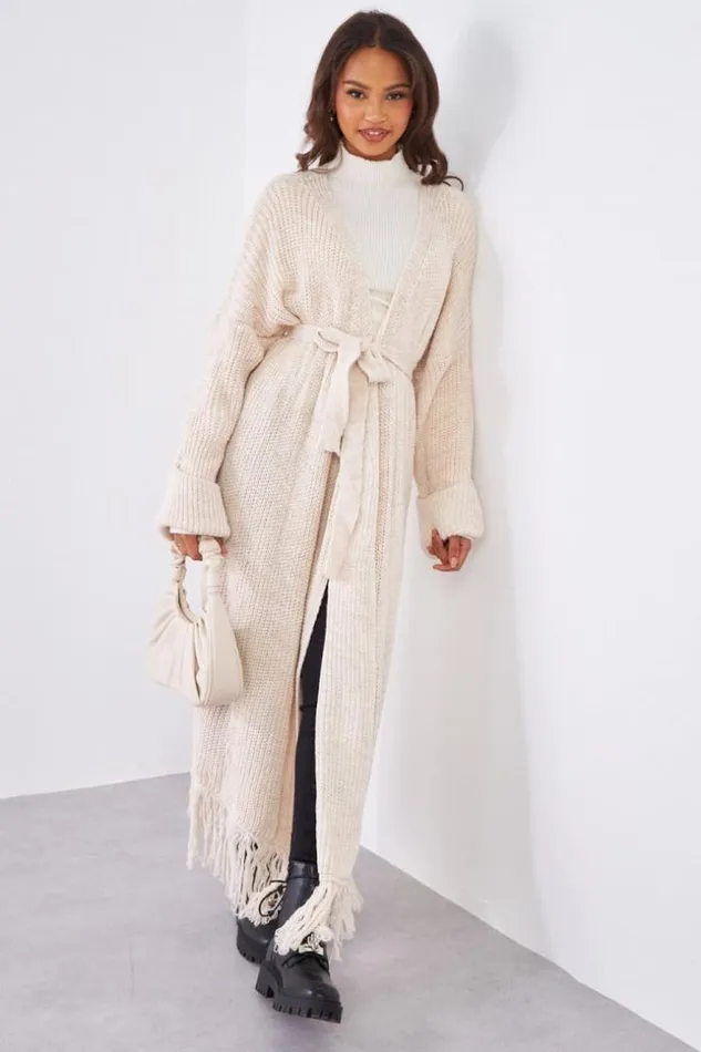 Women Gilet En Maille Beige Franges Ceintur Beige Brentiny Paris Cardigans