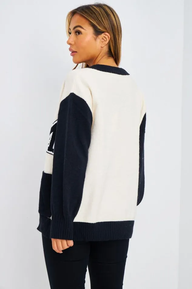 Women Gilet En Mailles cru Et Noir Black Brentiny Paris Cardigans