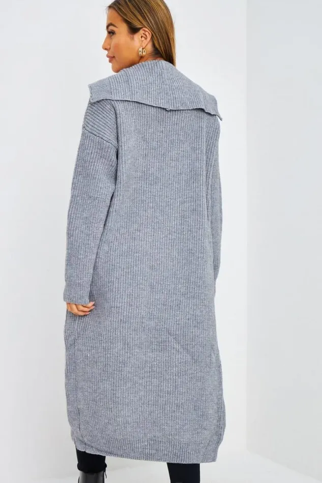 Women Gilet Long Ouvert Gris En Mailles Grey Brentiny Paris Cardigans