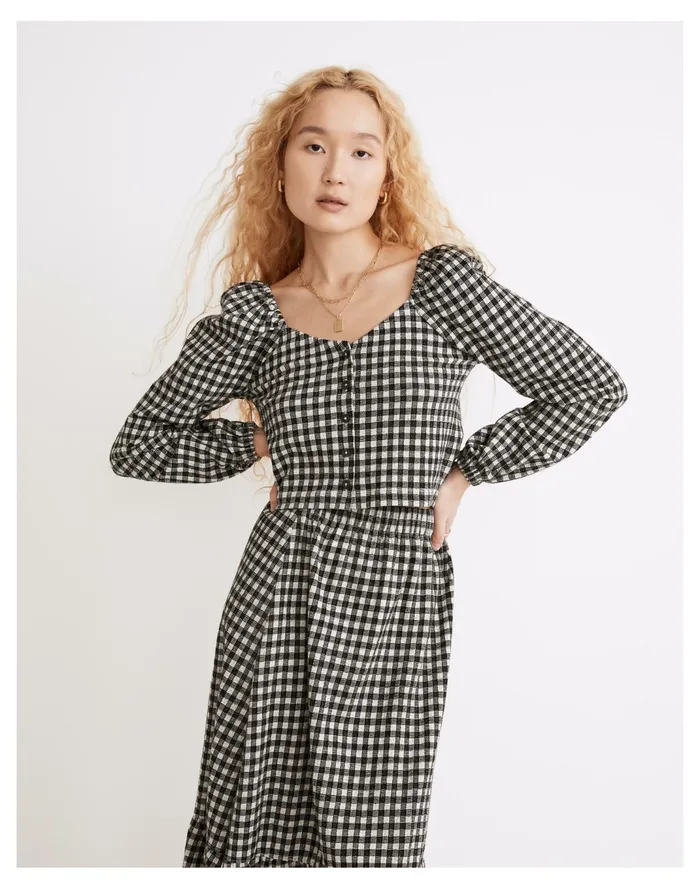 Women Gingham Puff Sleeve Button Front Crop Top True Black Madewell Tops and Shirts