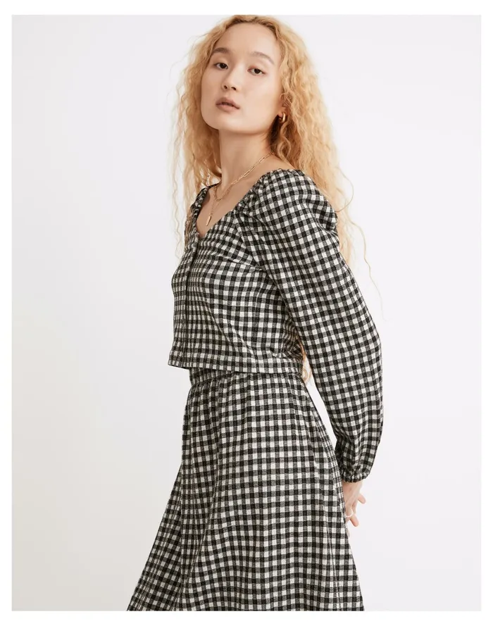 Women Gingham Puff Sleeve Button Front Crop Top True Black Madewell Tops and Shirts