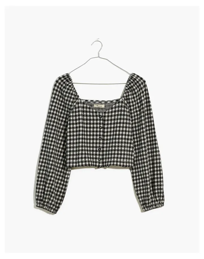 Women Gingham Puff Sleeve Button Front Crop Top True Black Madewell Tops and Shirts
