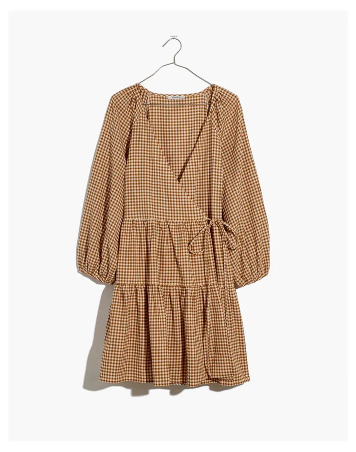 Women Gingham Puff Sleeve Wrap Dress Golden Pecan Madewell Dresses