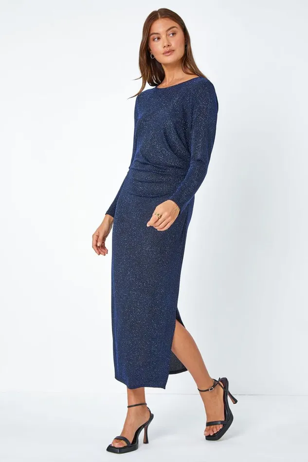 Women Glitter Cowl Back Stretch Ruched Midi Dress Roman Dresses