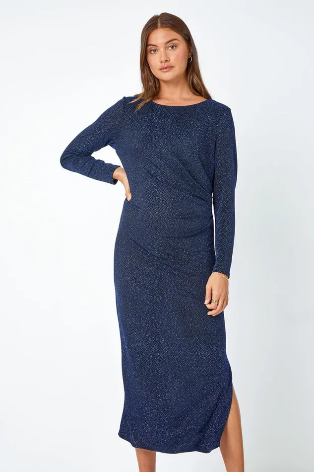 Women Glitter Cowl Back Stretch Ruched Midi Dress Roman Dresses