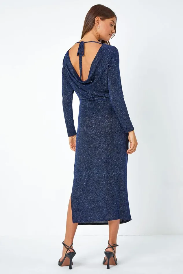 Women Glitter Cowl Back Stretch Ruched Midi Dress Roman Dresses
