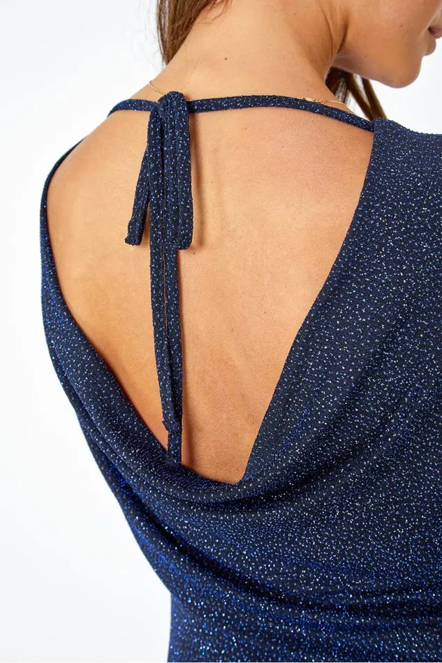 Women Glitter Cowl Back Stretch Ruched Midi Dress Roman Dresses