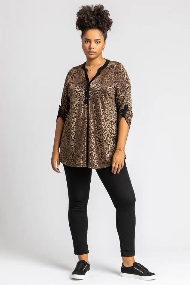 Women Gold Curve Animal Print Jacquard Tunic Top Roman Tops
