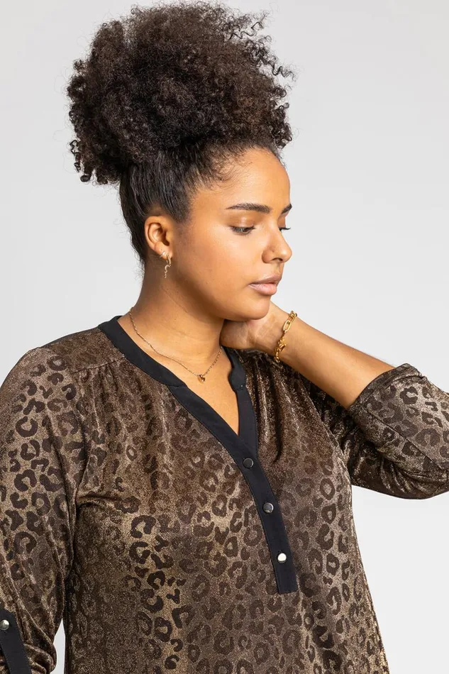 Women Gold Curve Animal Print Jacquard Tunic Top Roman Tops