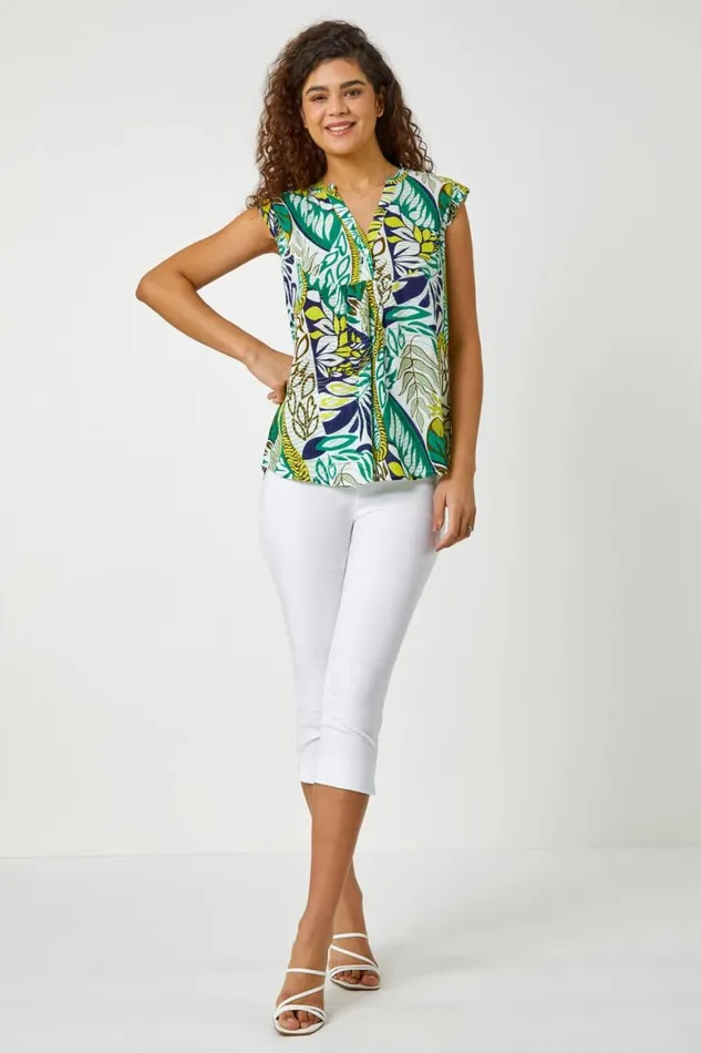 Women Green Abstract Leaf Print Frill VNeck Blouse Roman Tops