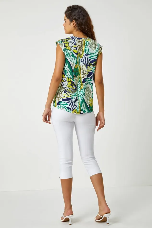 Women Green Abstract Leaf Print Frill VNeck Blouse Roman Tops
