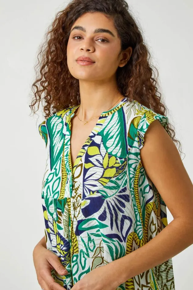 Women Green Abstract Leaf Print Frill VNeck Blouse Roman Tops