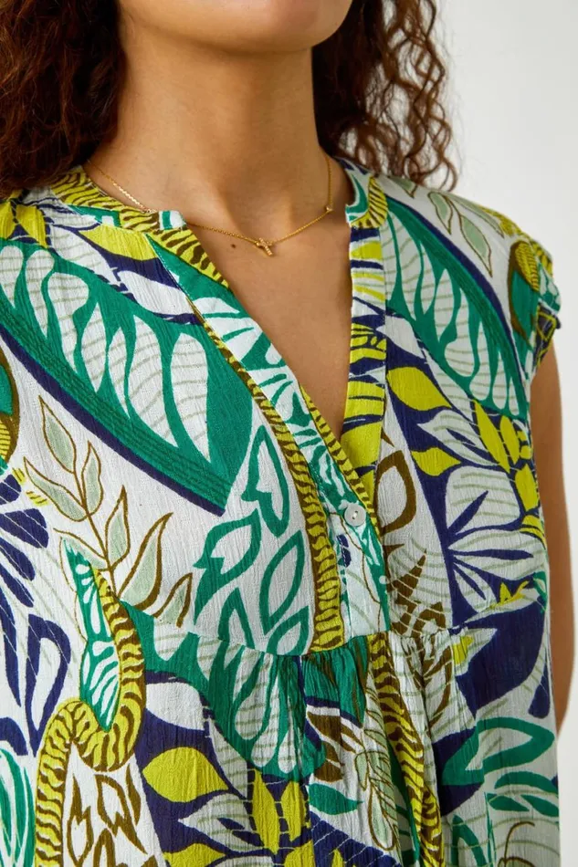 Women Green Abstract Leaf Print Frill VNeck Blouse Roman Tops