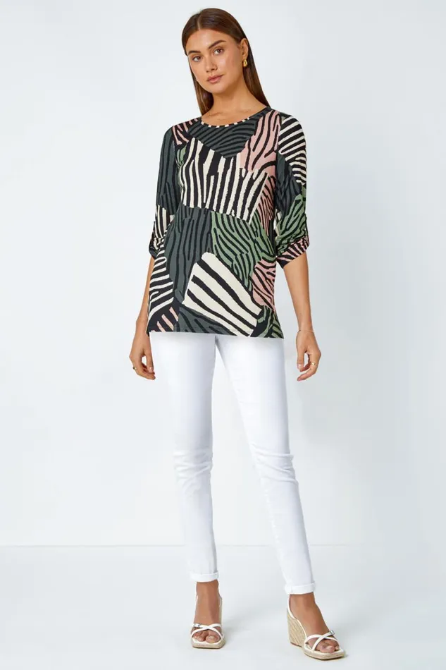 Women Green Animal Colour Block Stretch Top Roman Tops