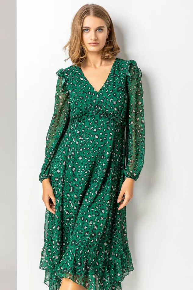Women Green Animal Print Chiffon Midi Dress Roman Dresses
