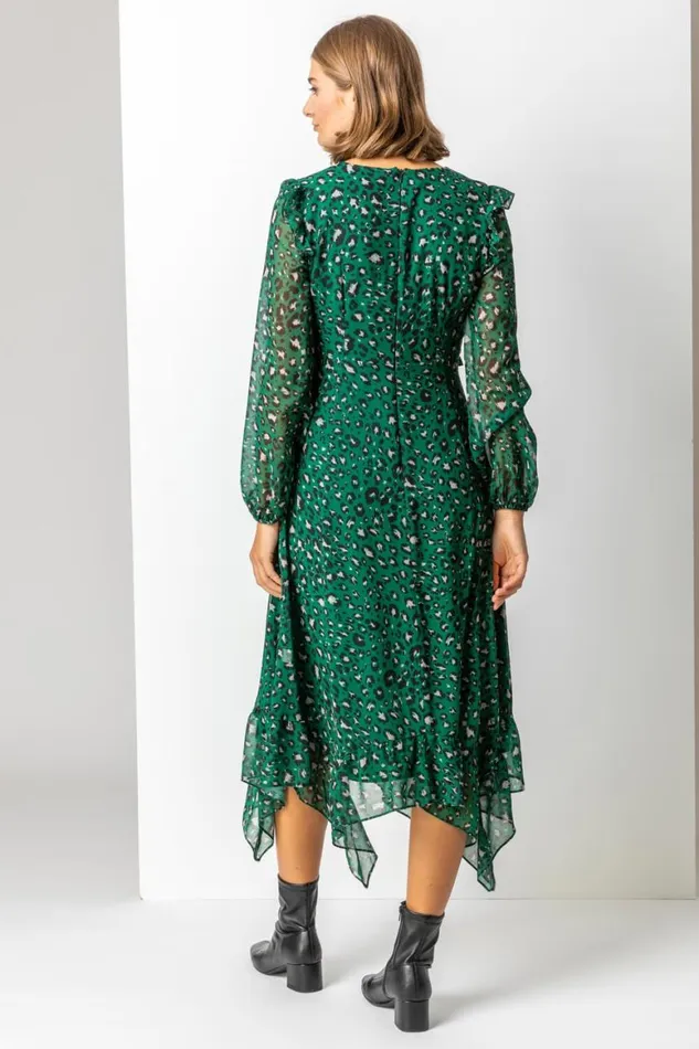 Women Green Animal Print Chiffon Midi Dress Roman Dresses