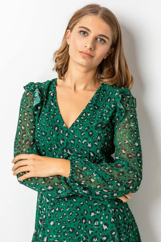 Women Green Animal Print Chiffon Midi Dress Roman Dresses