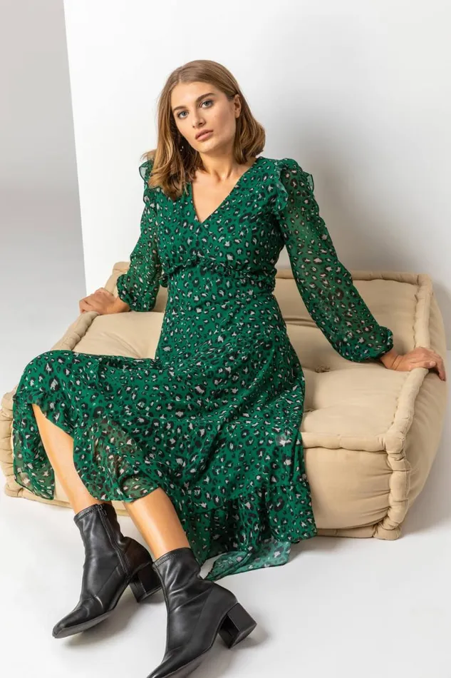 Women Green Animal Print Chiffon Midi Dress Roman Dresses
