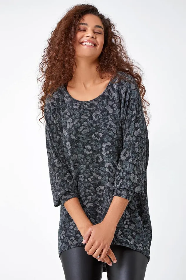 Women Green Animal Print Shimmer Stretch Top Roman Tops