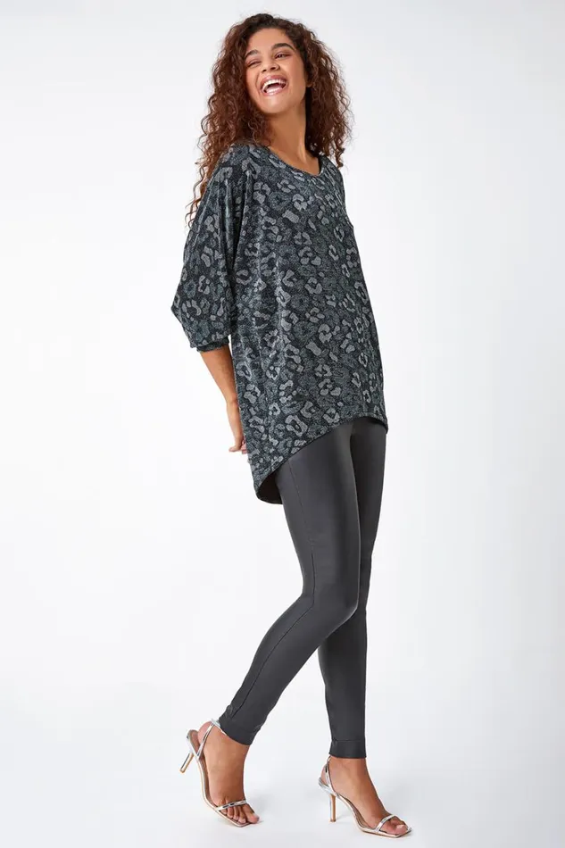 Women Green Animal Print Shimmer Stretch Top Roman Tops