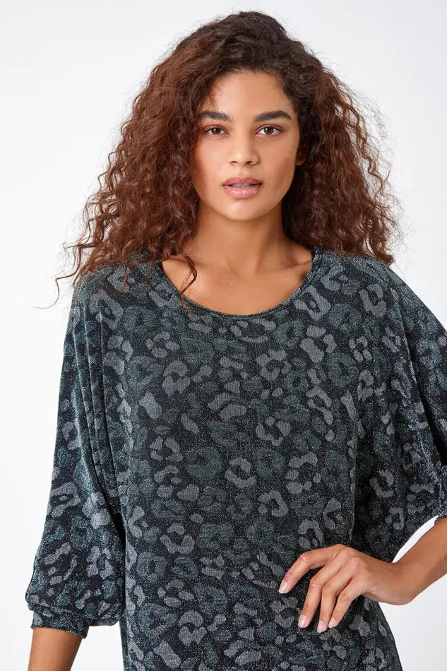 Women Green Animal Print Shimmer Stretch Top Roman Tops