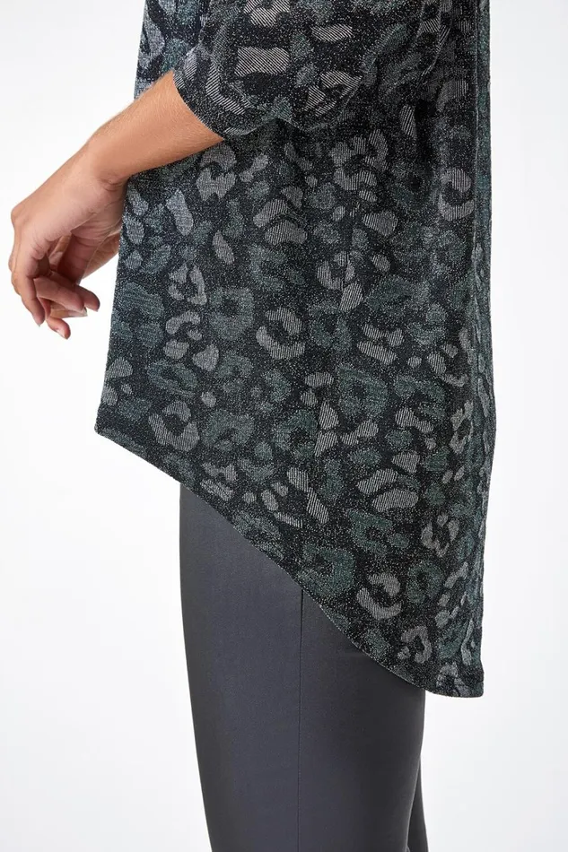 Women Green Animal Print Shimmer Stretch Top Roman Tops
