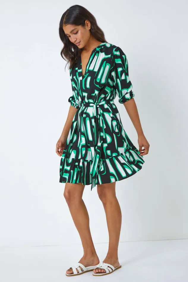 Women Green Belted Frill Hem Geometric Print Dress Roman Dresses