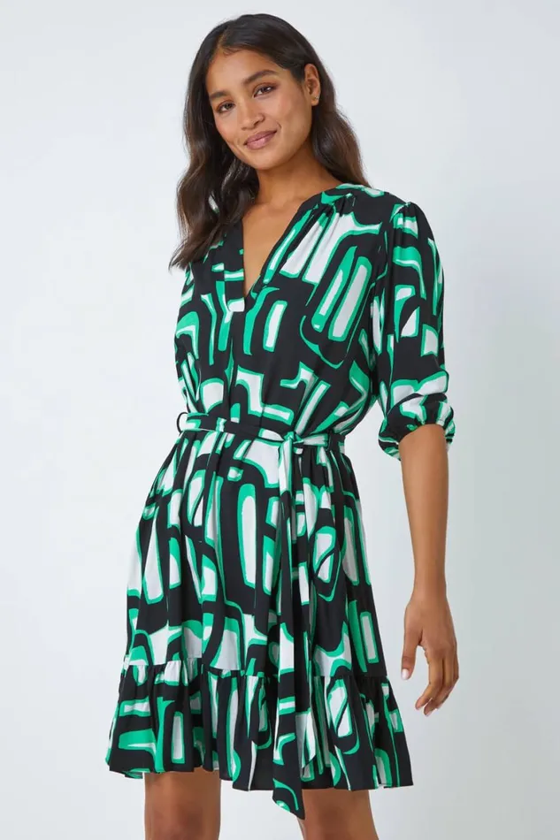 Women Green Belted Frill Hem Geometric Print Dress Roman Dresses