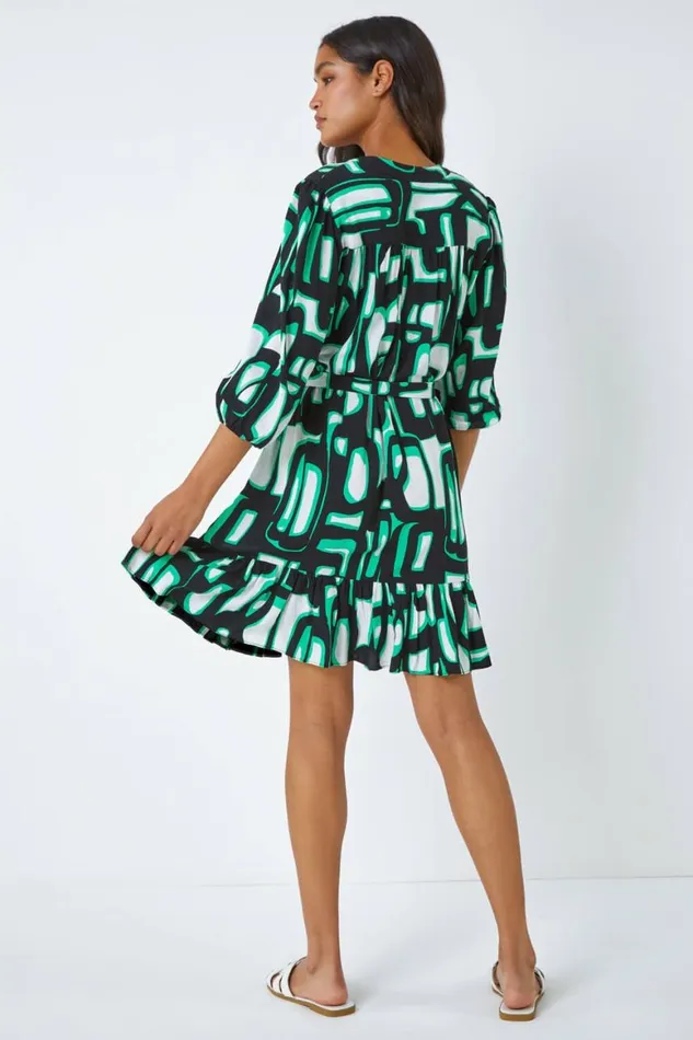 Women Green Belted Frill Hem Geometric Print Dress Roman Dresses