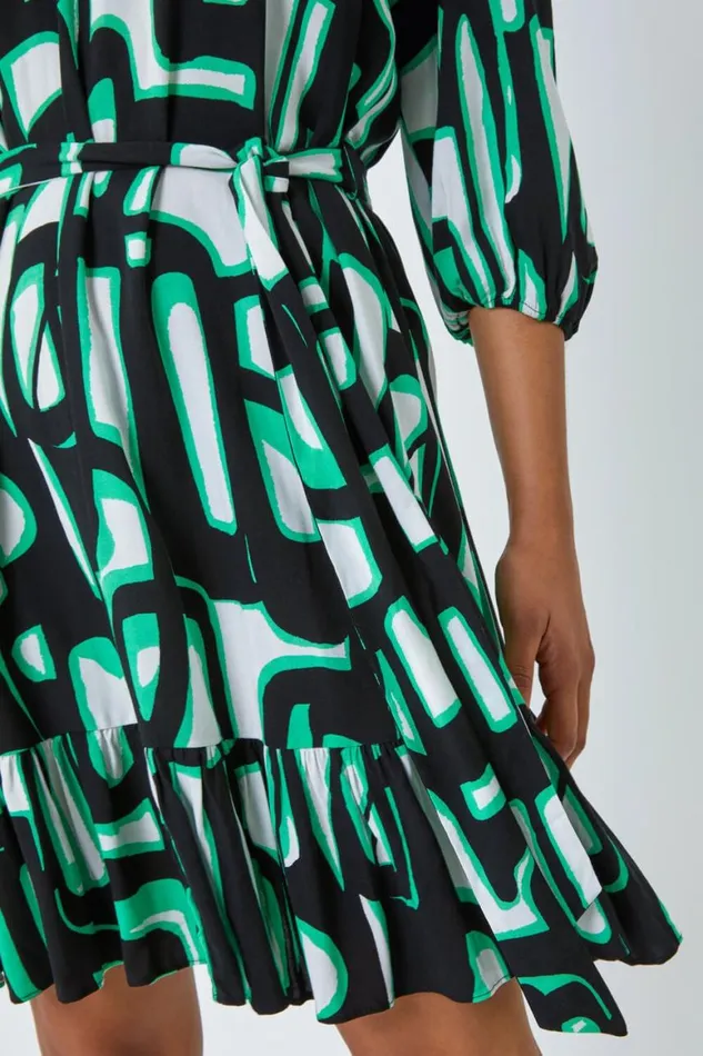 Women Green Belted Frill Hem Geometric Print Dress Roman Dresses