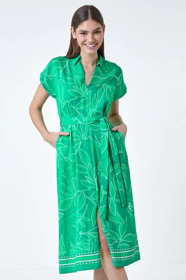 Women Green Border Leaf Print Midi Dress Roman Dresses