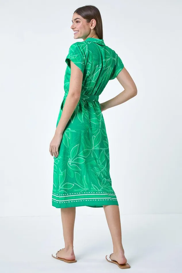 Women Green Border Leaf Print Midi Dress Roman Dresses