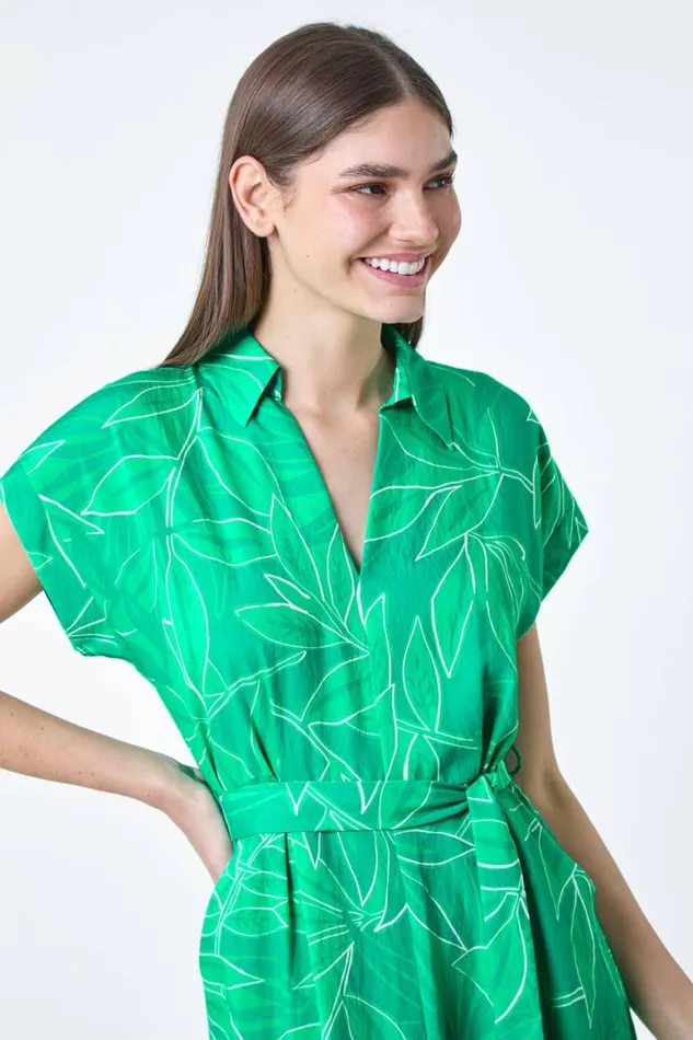 Women Green Border Leaf Print Midi Dress Roman Dresses