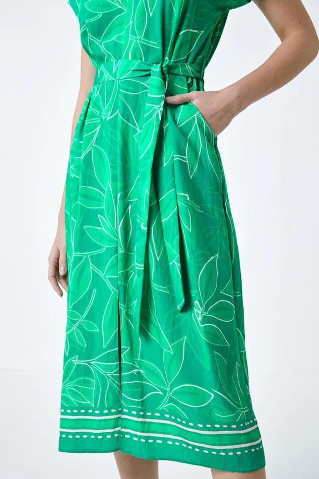 Women Green Border Leaf Print Midi Dress Roman Dresses