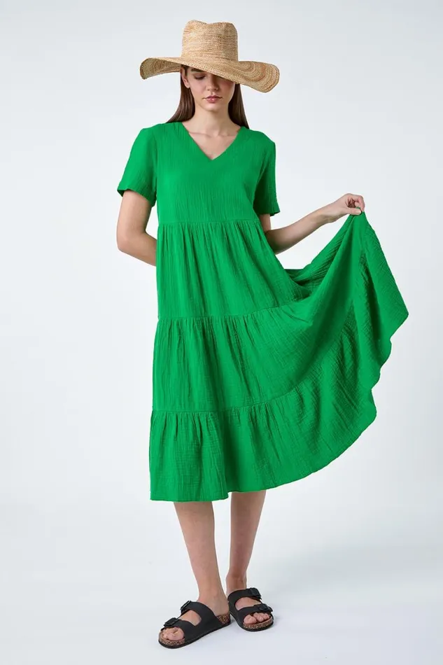 Women Green Cotton Textured Tiered Midi Dress Roman Dresses