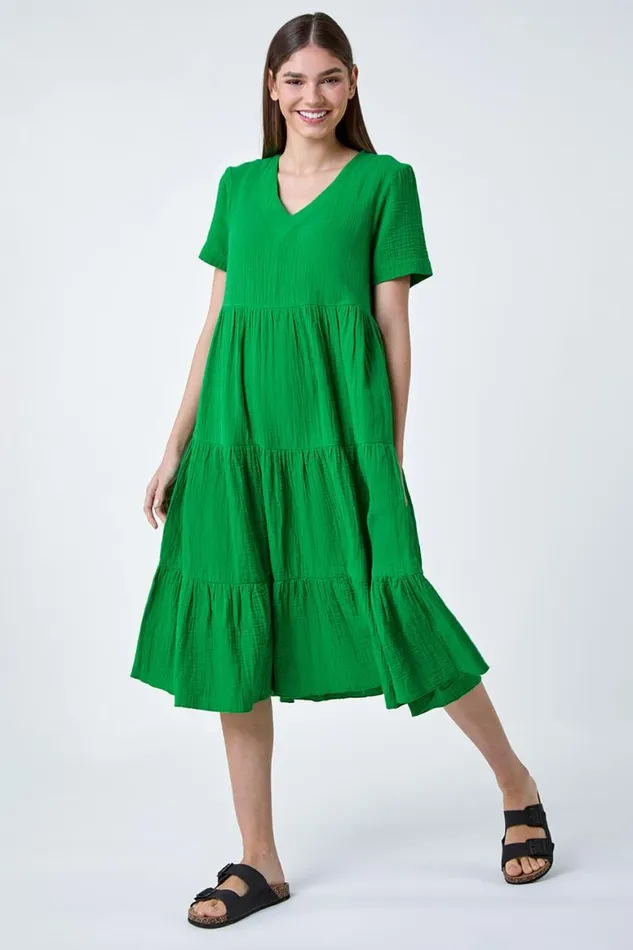 Women Green Cotton Textured Tiered Midi Dress Roman Dresses