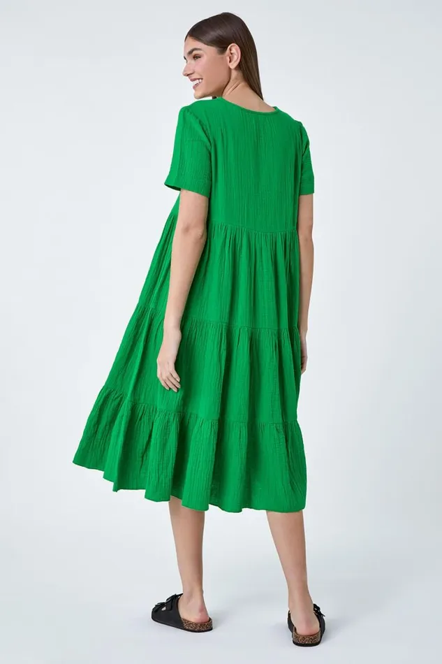 Women Green Cotton Textured Tiered Midi Dress Roman Dresses