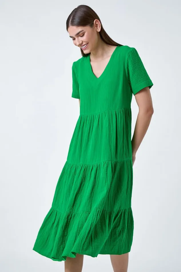 Women Green Cotton Textured Tiered Midi Dress Roman Dresses