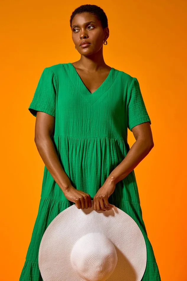 Women Green Cotton Textured Tiered Midi Dress Roman Dresses